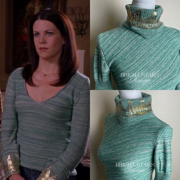 Rare Green Sweater Long Sleeve Gold Foiled Turtleneck ALT ASO Monica Lorelai - Picture 3 of 10